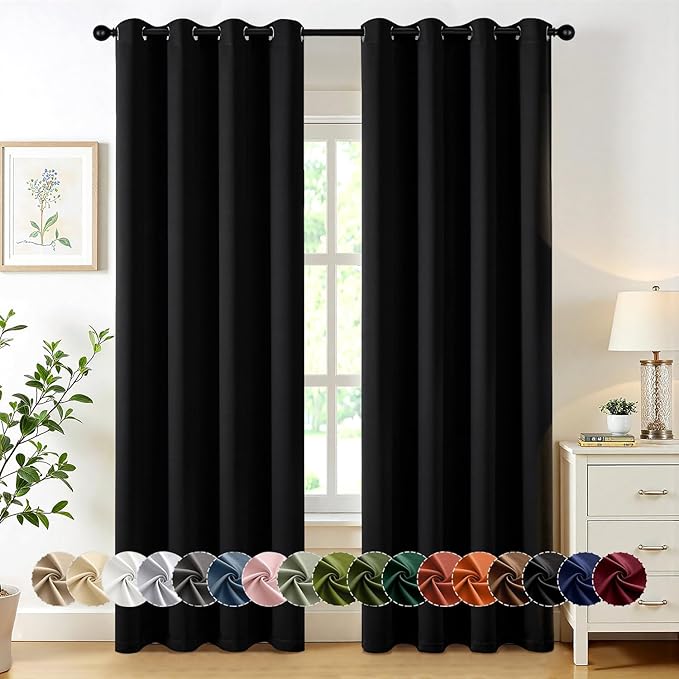 MIULEE Black Blackout Curtains for Bedroom Living Room 84 Inches Long 2 Panels, Thermal Insulated Room Darkening Drapes Grommet Noise Reducing Light Blocking Window Treatments 50x84 Inch