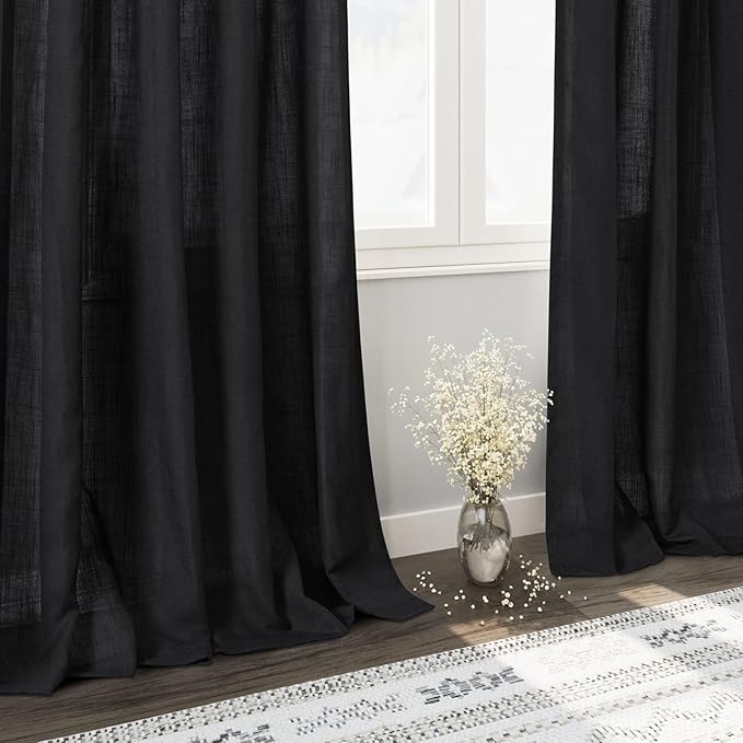 Nanspring Extra Long 108 Inch Curtains Linen for Living Room Black Simple Modern Privacy Curtains Back Tab Rod Pocket Long Semi Sheer Curtain Drapes for Bedroom 9Ft 60x108