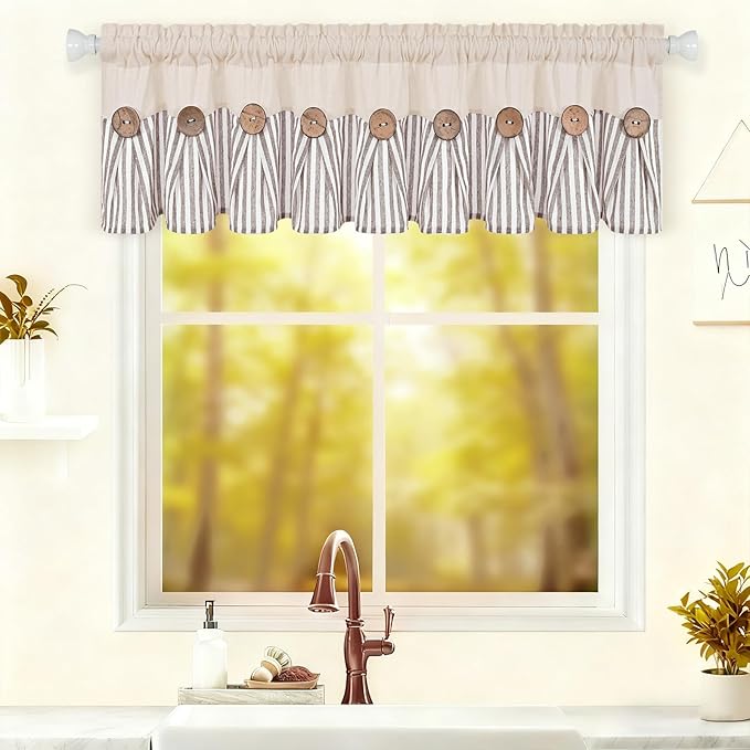 ASPMIZ Farmhouse Valances for Windows, Boho Kitchen Valances Curtains with Rustic Buttons, Brown Striped Window Valance for Living Room, Cotton Linen Valance for Bathroom, 60 x 14 Inches
