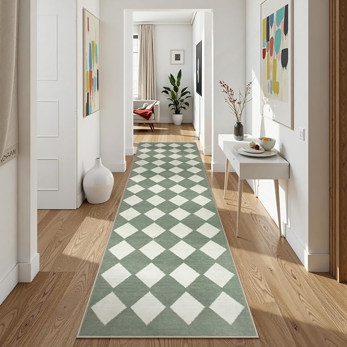 Lahome Zelie Checkered Washable 2x8 Green Runners for Hallways Non Slip, Ultra-Thin Kitchen Bathroom Runner Rugs, Moroccan Trellis Throw Carpet Runner for Bedroom Entryway Decor (2'x8',Green)