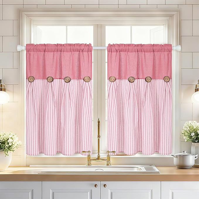 ASPMIZ Boho Linen Kitchen Curtains 36 Inch Length, Farmhouse Kitchen Window Curtain Over Sink, Pink Striped Short Curtains for Small Windows, Bathroom, Rod Pocket Window Treatment Tiers with Button
