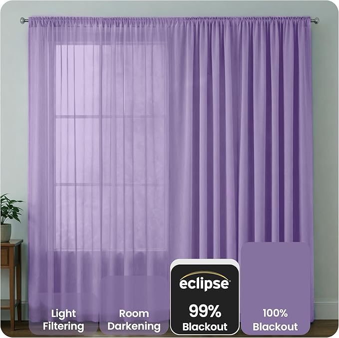 ECLIPSE Kendall Modern Blackout Thermal Rod Pocket Window Curtain for Bedroom or Living Room (1 Panel), 42" x 63", Light Purple