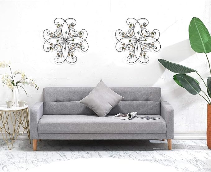 KUWIVO Lechesis 24" Metal Flower Scroll Wall Art Decor Sculptures with Rust Leaf for Living Room Bedroom