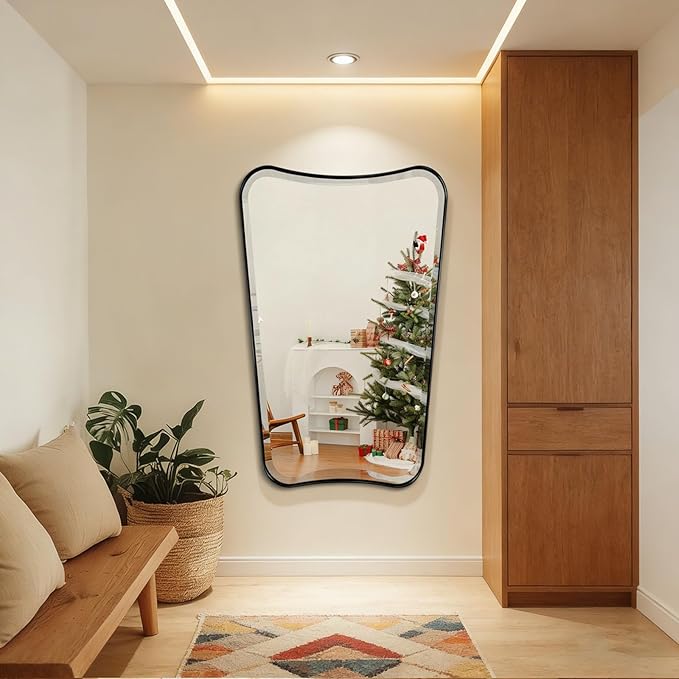 POZINO Irregular Beveled Mirror, 24"x40" Bathroom Vanity Mirrors for Over Sink, Butterfly Shape Aesthetic Mirrors Decorative, Matte Black Modern Wall Mirror for Living Room Bedroom Fireplace Entryway