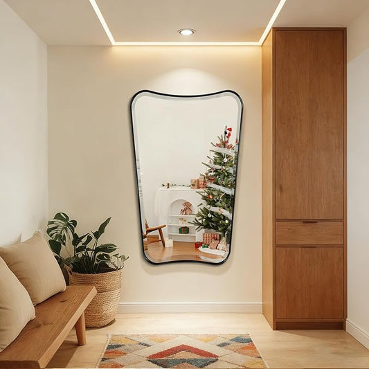 POZINO Irregular Beveled Mirror, 24"x40" Bathroom Vanity Mirrors for Over Sink, Butterfly Shape Aesthetic Mirrors Decorative, Matte Black Modern Wall Mirror for Living Room Bedroom Fireplace Entryway