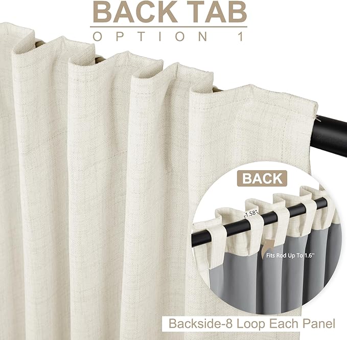 100% Blackout Shield Linen Blackout Curtains for Bedroom 84 Inches Long, Back Tab/Rod Pocket Living Room Drapes, Thermal Insulated Blackout Curtains 2 Panels Set, 50" W x 84" L, Beige White