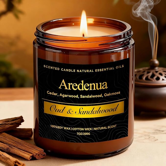 Oud & Sandalwood Candle for Meditation - Luxury Soy Candle for Home, Long Lasting Woody Aroma for Stress Relief & Calm, Hand Poured Scented Candle for Men & Women - Elegant Minimalist Home Decor