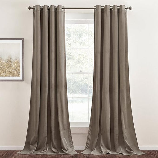 StangH Taupe Velvet Curtain 96 inches - Super Soft Luxury Panels Energy Efficient Thick Grommet Curtain Drapes Elegant Home Decor for Living Room, 52 x 96 inches, Sold as 2 Panels