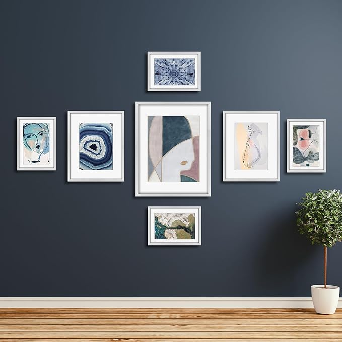 Frametory, Silver Aluminum Picture Frame with Removable Mat - Set of 7 Includes Four 5x7, Two 8x10, One 11x14 - Real Glass Front - Simple Gallery Wall Frames for Art Prints and Posters