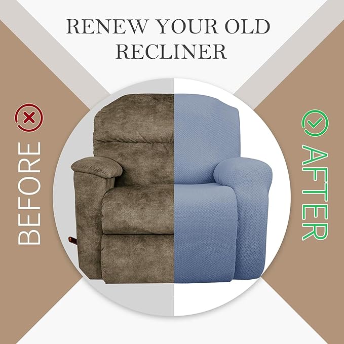 JIVINER 4-Piece Recliner Chair Covers Stretch Jacquard Covers for Reclining Chair Recliner Slipcovers for Living Room Soft Recliner Protector with Pocket (Recliner, Light Blue)
