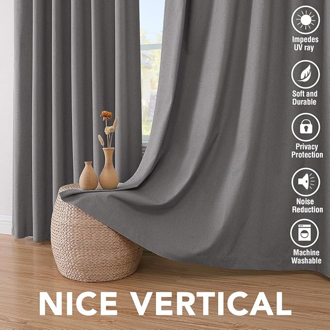 H.VERSAILTEX Primitive Linen Curtains 100% Blackout Curtain Drapes Burlap Fabric Curtains with White Thermal Insulated Liner, Grommet Top Drapes Living Room/Bedroom (2 Panels, 42 x 84 Inch, Grey)