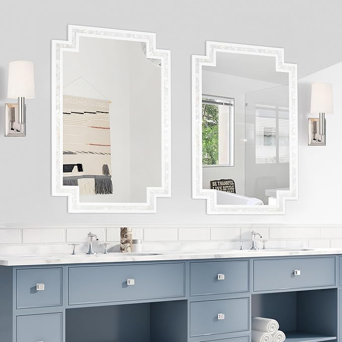 Tanmicoshomy 24 x 36 Inch White Bathroom Mirrors for Wall, Decorative Shell Inlay Mosaic Rectangle Mirrors with Tempered Glass for Bedroom, Living Room or Entryway