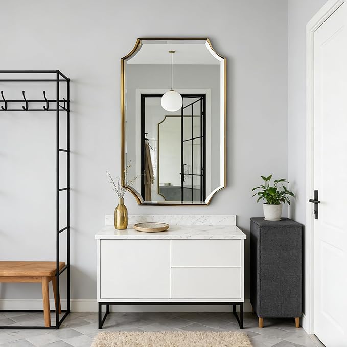 POZINO Rectangle Beveled Mirror, 24"x40" Brushed Gold Bathroom Vanity Mirrors with Stainless Steel Frame, Modern Aesthetic Wall Mirror for Hallway Entryway Living Room, Horizontal or Vertical Hanging