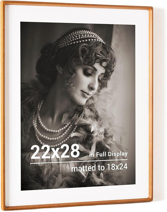 22x28 Poster Frame, USA-Sourced Teak Wood Picture Frame with HD Tempered Glass, Handcrafted Rounded Corner 22 x 28 Wooden Frames Matted to 18x24 Photos, Horizontal or Vertical Wall Display