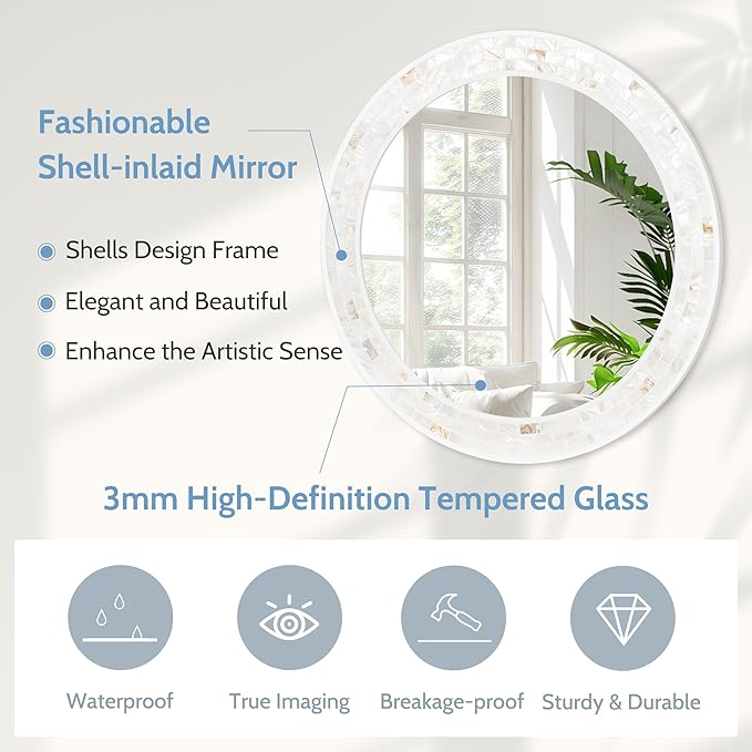 Tanmicoshomy Round Wall Mirror 24 Inch,Circle Mosaic Mirror with Natural Mother of Pearl and Wood Frame, Decorative Coastal Round Wall Mirror for Bathroom Bedroom Living Room Entryway