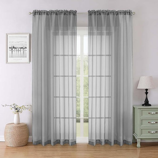 Lecloud Charcoal Grey Sheer Curtains for Bedroom 84 Inches Long 2 Pcs, Light Filtering Airy Voile Window Curtains for Living Room, Modern Farmhouse Decor Rod Pocket Drapes, Each Panel 59" W x 84" L