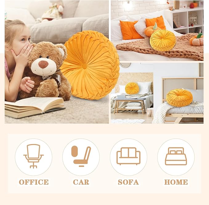 Drydiet 1 Pcs Round Throw Velvet Pillows Decorative Pleated Throw Pillows 15'' Diameter Accent Pumpkin Boho Chair Cushion for Couch Sofa Home Decoration (Yellow)