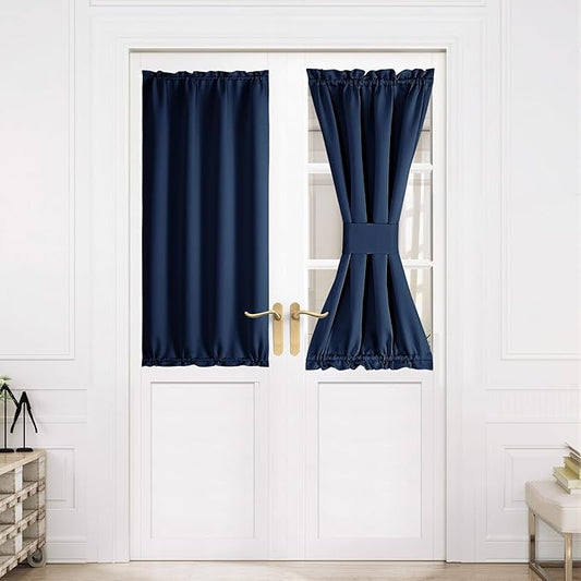 NICETOWN Blackout Door Curtain – Thermal Insulated Blackout Window Cover for French & Front Doors with Adjustable Tieback, Room Darkening Shade for Privacy, Navy, W30 x L50, 1 Panel