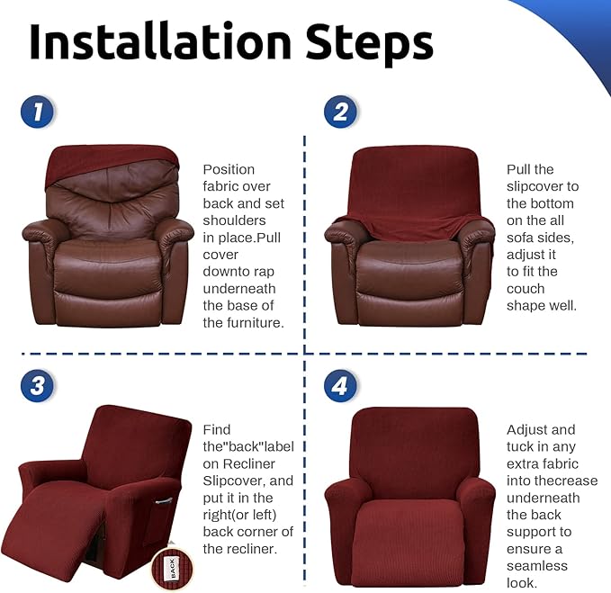 KEKUOU Recliner Chair Covers Lazy Boy Recliner Covers Stretch Couch Cover Slipcovers 1 Piece Furniture Protector with Elastic Bottom (Recliner, Dark Red)