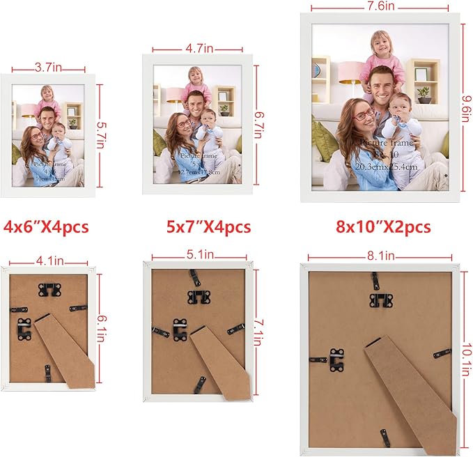 Giftgarden 10-Pack White Picture Frames for Various Sizes Photos, Two 8x10, Four 5x7, Four 4x6, Multi Assorted Modern Frame Collage for Wall or Tabletop Display