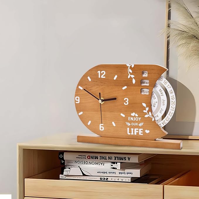 2-in-1 Natural Wood Desk Clock & Calendar - Battery Operated Silent Non-Ticking Analog Table Clocks Perpetual Calendar for Office, Bedroom, Study, Bedside - Vintage Home Shelf Desktop Decor