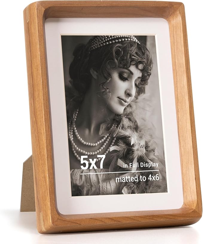Fun Memories 5x7 Picture Frame, USA-Sourced Cherry Wood Photo Frames with HD Tempered Glass, Handcrafted Rounded Corner 5 x 7 Wooden Frames Matted to 4x6 Photos, 5x7 Frame, Tabletop or Wall Display