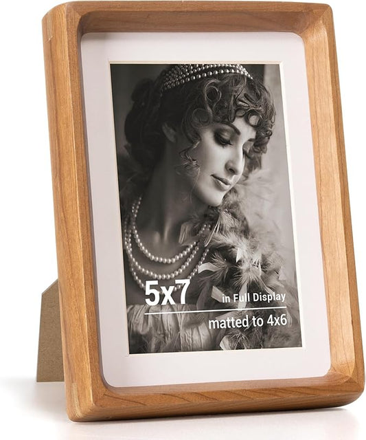 Fun Memories 5x7 Picture Frame, USA-Sourced Cherry Wood Photo Frames with HD Tempered Glass, Handcrafted Rounded Corner 5 x 7 Wooden Frames Matted to 4x6 Photos, 5x7 Frame, Tabletop or Wall Display