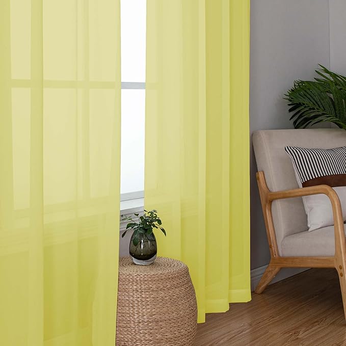 OWENIE Lemon Sheer Curtains for Bedroom Living Room 72 Inches Long 2 Panels Set, Modern Light Filtering Sheer Curtain Rod Pocket Clear Drapes for Window Sliding Door, Lemon, Each 42 x 72 Inch