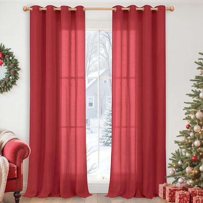 YoungsTex Red Linen Curtains 90 Inches Length for Living Room, Light Filtering Drapes Privacy with Grommet for Bedroom Dining Room, 2 Panels, 52 X 90 Inch