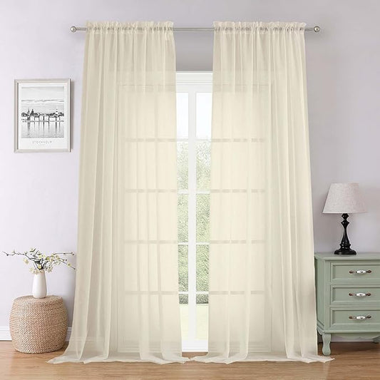 Lecloud Cream Sheer Curtains 96 Inches Long 2 Panels Set, Modern Farmhouse Decor Light Filtering Curtains for Bedroom, Rod Pockets Vintage Soft Airy Drapes for Living Room, Each Panel 59" W x 96" L