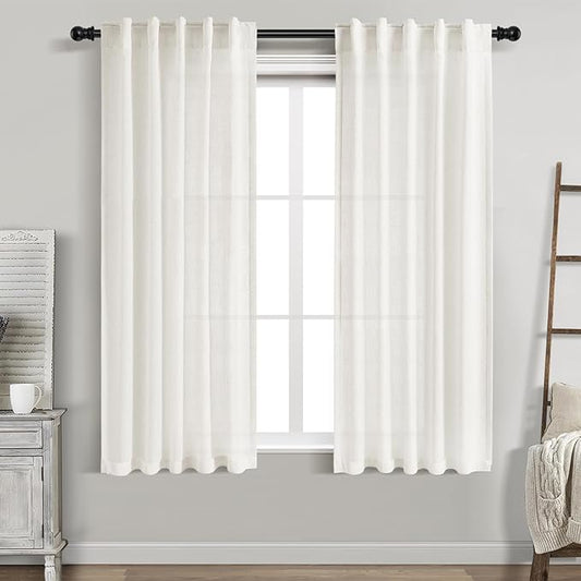 Nanspring Beige White Linen Curtains 63 Inch Length for Living Room Semi Sheer Curtain Back Tab and Rod Pocket Rustic Farmhouse Dector Coastal Room Decor Drapes for Bedroom 40 X 63, 2 Panels