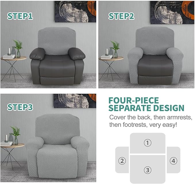 YEMYHOM 4 Pieces Oversized Stretch Recliner Slipcover Latest Jacquard Large Recliner Chair Cover with Side Pocket Anti-Slip Furniture Protector with Elastic Bottom (X-Large Recliner, Light Gray)