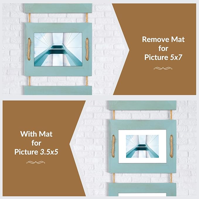 DLQuarts 5x7 Hanging Collage Picture Frames Wall Decor, 4-Opening 5x7 Matted to 3.5x5 Photo Rustic Wood Frame with Hemp Rope, 2 Pack, Ocean Blue