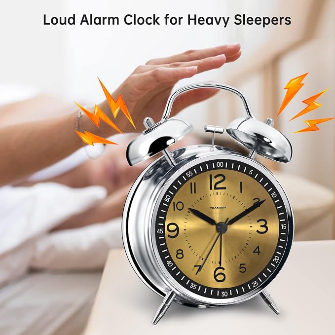 Peakeep Loud Alarm Clock for Heavy Sleepers Adults, Metal 4.5 Inches | Twin Bell Battery Operated Analog Alarm Clocks for Bedrooms Kids' Room Decoration (Golden) - Image 2