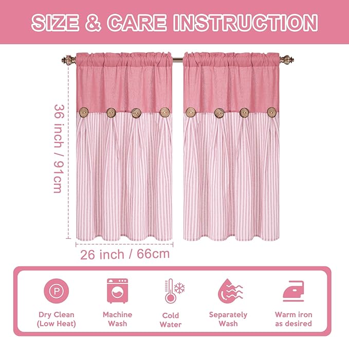 ASPMIZ Boho Linen Kitchen Curtains 36 Inch Length, Farmhouse Kitchen Window Curtain Over Sink, Pink Striped Short Curtains for Small Windows, Bathroom, Rod Pocket Window Treatment Tiers with Button