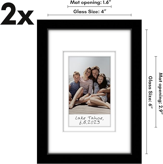 Americanflat 4x6 Picture Frame - Set of 2 - Use as 2x3 Frame with Mat for Instant-Print Photos - Black Mini Picture Frames for Tabletop and Wall Display with Shatter-Resistant Glass