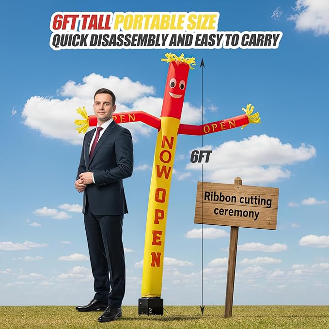 6ft Now Open Air Tube Dancer Inflatable Waving Tube Man with Lights & Built-in Blower - Wacky Waving Dancing Guy Set for Business Promotion