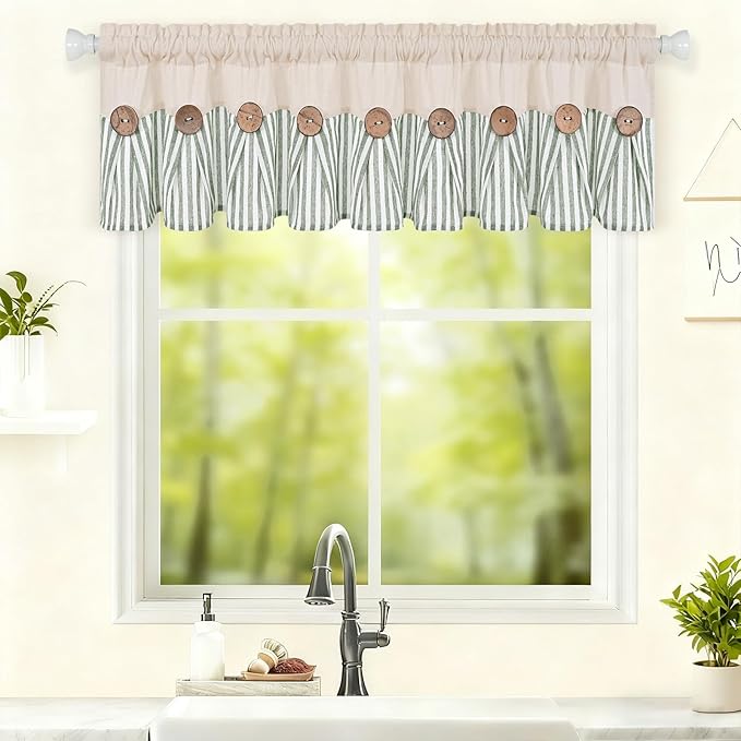 ASPMIZ Cotton Linen Kitchen Curtains Valance, Boho Rustic Button Valances for Windows Farmhouse Style, Green Stripe Window Valances for Bathroom Cafe, Tie Up Valance for Kitchen Windows, 60 x 14 Inch