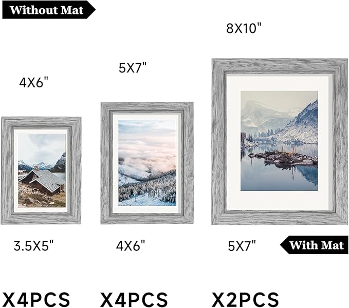 Picture Frames, Made of Real Glass and Wooden Frame, Gallery Photo Frames Set of 10 for Collage Wall Decor, Multi Sizes Including 8x10, 5x7, 4x6 for Mounting or Tabletop Display, Grey
