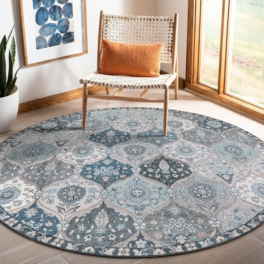 Lahome Moroccan Trellis Washable Round Area Rug, Soft Round Rugs 6ft Ultra-Thin Non-Slip, Vintage Large Circle Carpet for Bedroom Living Room Kitchen Nursery Elise, Blue
