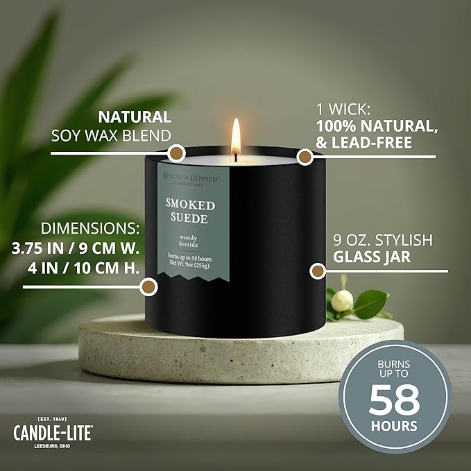 Candle-lite Rugged & Refined Scented Candle for Men, Smoked Suede, 9 oz Tin, Poured in The USA, Masculine Fragrance, 1-Wick, 58 Hours of Burn Time, Ideal Gift for Man in Your Life & Father's Day