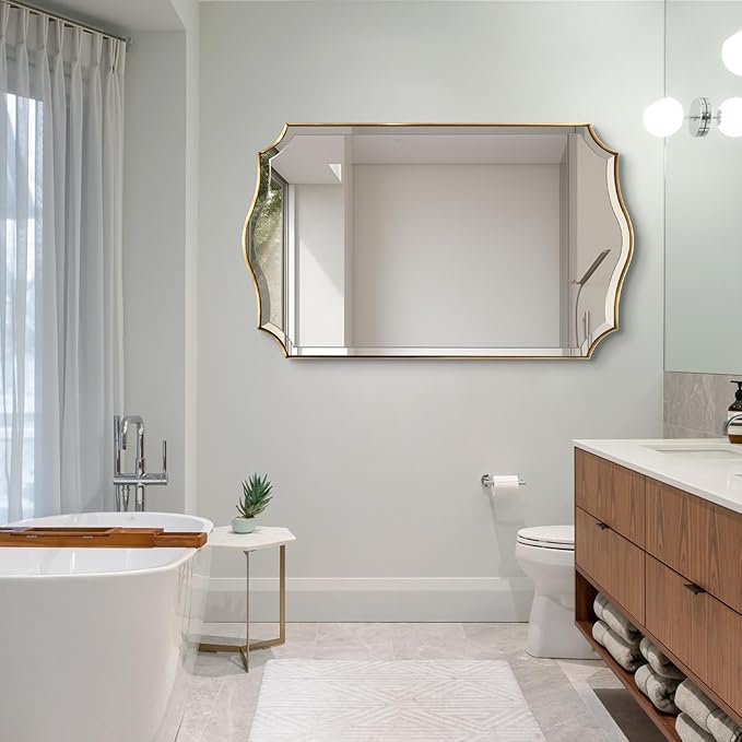 POZINO Scalloped Beveled Mirror, 24"x40" Brushed Gold Bathroom Vanity Mirrors for Over Sink, Modern Wavy Rectangle Wall Mirror for Living Room Bedroom Entryway, Horizontal or Vertical Hanging