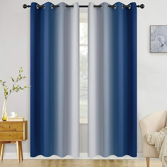 COSVIYA Grommet Ombre Room Darkening Curtains 96 inch Long, Blue and Grayish White Gradient Drapes Light Blocking Insulated Thermal Window Curtains for Bedroom/Living Room,2 Panels,52x96 inches
