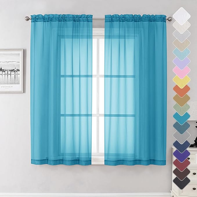 Lecloud Turquoise Sheer Curtains 63 Inch Length 2 Panels, Light Filtering Voile Airy Drapes for Bedroom Windows, Dual Rod Pocket Living Room Sheer Curtains, 40 W x 63 L Inches