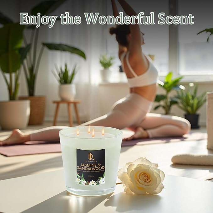 Large Candle Jasmine & Sandalwood Scented, 4 Wick Natural Soy Candles for Home Scented, 30oz Big Candle Long Lasting, Home Aromatherapy Candles Housewarming Gift for Women Men