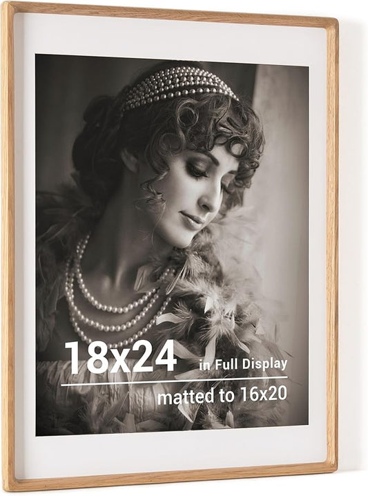 18 x 24 Poster Frame, USA-Sourced Oak Wood Picture Frame with HD Tempered Glass, Handcrafted Rounded Corner 18x24 Wooden Frames Matted to 16x20 Photos, Horizontal or Vertical Wall Display