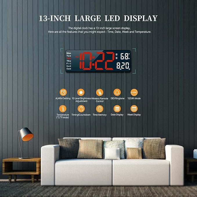 Digital Clock, Digital Wall Clock for Living Room Decor, Desk Alarm Clock for Bedroom, Large Wall Clock with Remote Control, Automatic Brightness Dimmer LED Clock with Date Temperature Week (Red-B)