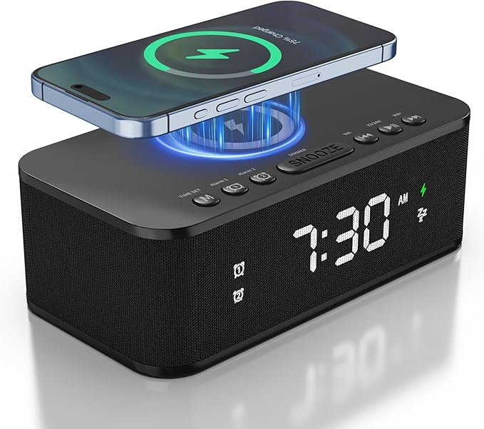 Digital Alarm Clock White Noise, Loud Digital Alarm Clocks Bedrooms, Alarm Clock Speaker Wireless Charger AUX USB Bluetooth Speaker 12/24H Dual Alarm Snooze Adjustable Brightness, Black by FansbeDirect