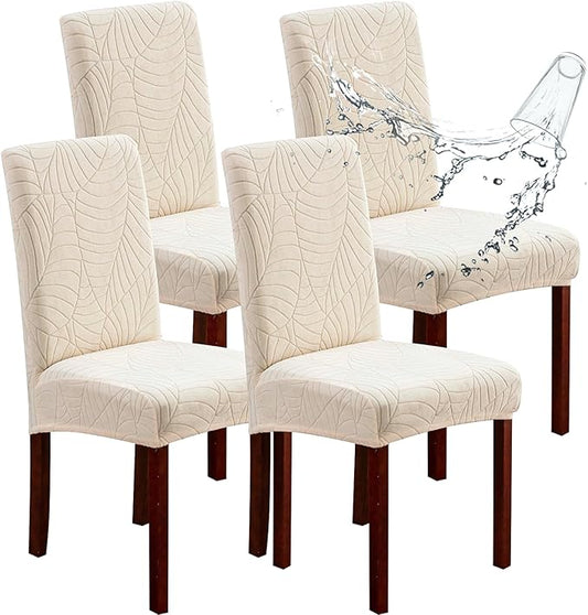 Genina Waterproof Dining Chair Covers Set of 4, Stretch Chair Slipcovers for Dining Room, Removable Washable Parsons Chair Covers Protector for Kitchen (Leaves-Beige, 4 PCS)