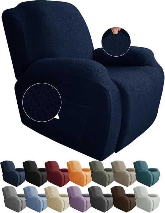 JIVINER 4-Piece Recliner Chair Covers Stretch Jacquard Covers for Reclining Chair Recliner Slipcovers for Living Room Soft Recliner Protector with Pocket (Recliner, Navy Blue)